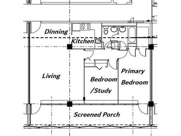 Floor plan showing a living area, kitchen, two bedrooms, and a screened porch at 3060 Pharr Court North Nw # 609, Atlanta, GA 30305