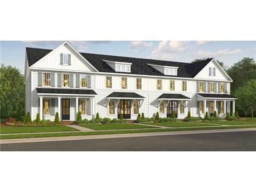 Three-unit townhome building with farmhouse style and landscaping at 1725 Prospect Way, Conyers, GA 30094