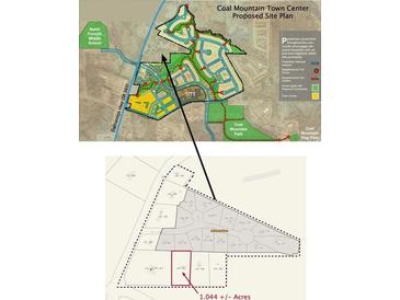 Aerial view of Coal Mountain Town Center site plan, including parks and trails at 3534 Dahlonega Hwy, Cumming, GA 30028