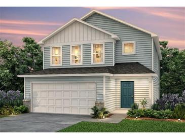 Two-story home with gray siding, white accents, and a teal front door at 251 Paulownia Cir, Mcdonough, GA 30253