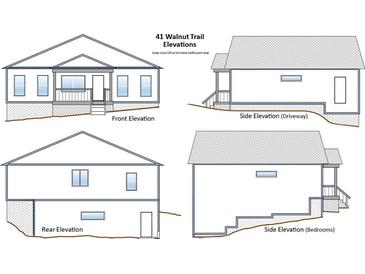 Four-side elevations of a single-story house with a basement, deck, and driveway at 41 Walnut Trl, Cartersville, GA 30121