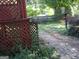 Stone pathway leads to a fenced backyard with a wooden structure and mature trees at 960 Stone Mountain Lithonia Rd, Lithonia, GA 30058