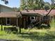 Overgrown backyard with brick shed and covered patio at 175 Moss Dr, Mcdonough, GA 30252