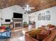 Cozy living room featuring a wood-paneled ceiling, fireplace, and comfortable seating at 668 Keys Ferry Rd, Mcdonough, GA 30252