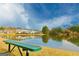 Lakefront bench with view of homes and trees at 6383 Edgewater Cv, Fairburn, GA 30213