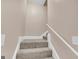 Carpeted staircase with neutral-toned walls and white railings at 3025 Jones Phillips Rd, Dacula, GA 30019