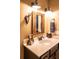 Rustic bathroom with a unique mirror and dark vanity at 183 Madden Rd, Bowdon, GA 30108