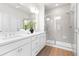 Modern bathroom with double vanity, large shower, and white cabinets at 428 10Th St, Auburn, GA 30011