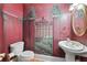 Elegant powder room with a painted wall mural and pedestal sink at 761 Hardage Farm Nw Dr, Marietta, GA 30064