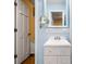 Bathroom with light blue walls and a white vanity at 2690 Hideaway Hills Sw Ln, Powder Springs, GA 30127