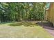 Large backyard with a hot tub, deck, and wooded area at 6925 Keswick Ct, Cumming, GA 30040