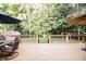 Large deck with two umbrellas and backyard view at 377 Mill Ridge Way, Lawrenceville, GA 30046