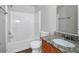 Small bathroom with granite countertop, shower/tub combo, and tile floor at 5908 Bluegrass Vw, Fairburn, GA 30213