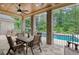 Covered patio with seating area overlooking the pool at 540 Carriage Ne Dr, Atlanta, GA 30328