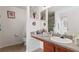 Clean bathroom with granite countertop, double sink vanity and shower at 3756 Bondurant Dr, Douglasville, GA 30135