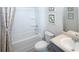 Clean bathroom with a shower/tub combo and gray vanity at 12000 Conrad Cir, Hampton, GA 30228