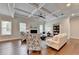 Spacious living room with hardwood floors, coffered ceiling, and a cozy fireplace at 1988 Skybrooke Ct, Hoschton, GA 30548