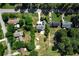 High-angle view of house and surrounding neighborhood, including a pool at 3573 Clubhouse Ln, Conyers, GA 30094