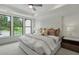 Spacious main bedroom with a large window, high ceiling and plush bedding at 1094 Battery Park Rd, Decatur, GA 30033