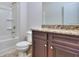 Clean bathroom, featuring a shower/tub combo, granite countertop vanity, and tile flooring at 3405 Ripple Loop # 127, South Fulton, GA 30349