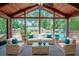 Screened porch with comfy seating overlooking the pool and backyard at 3060 Orchard Sw Rd, Conyers, GA 30094