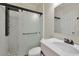 Modern bathroom with a frameless glass shower at 220 Fox Hunter Dr, Alpharetta, GA 30022