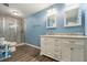 Bathroom with double vanity, marble countertop, and walk-in shower at 315 Watts Rd, Hiram, GA 30141