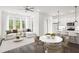 Open concept living room and kitchen with L-shaped sofa and dining area at 201 Devore Rd, Alpharetta, GA 30009