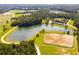 Aerial view of a tranquil lake and riding arena at 6000 Stallion Rdg, Douglasville, GA 30135