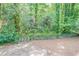 Wooded backyard with stone patio and retaining wall at 2836 Harlan Dr, Atlanta, GA 30344