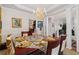 Elegant dining room with a chandelier, hardwood floors, and a decorative wall at 2600 Wells Sw Ter, Atlanta, GA 30331
