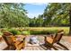 Stone patio with fire pit and Adirondack chairs, overlooking pond and golf course at 1028 Longwood Dr, Woodstock, GA 30189