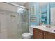 Updated bathroom with a walk-in shower and built-in shelving at 4693 Hairston Crossing Rd, Stone Mountain, GA 30083
