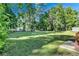 Spacious backyard with lush lawn and tree lined perimeter at 2225 Pleasant Hill Rd, Atlanta, GA 30349