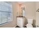 Small bathroom with granite countertop and white vanity at 139 Old Mill Sw Trl, Conyers, GA 30094