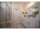 Modern bathroom with double vanity, shower, and white cabinets at 2650 Inshore Dr, Cumming, GA 30041