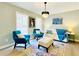 Cozy living room with teal armchairs, a beige sofa, and an eye-catching rug at 430 Thornbush Trce, Lawrenceville, GA 30046