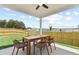 Covered patio with table and chairs, overlooking a fenced backyard at 402 Beacon Way, Villa Rica, GA 30180