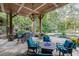 Covered patio with fireplace and seating area adjacent to pool at 879 Big Horn Hollow, Suwanee, GA 30024