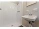 Clean bathroom with shower stall and pedestal sink at 6275 S Skyline Dr, Douglasville, GA 30135