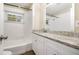 Clean bathroom with granite countertop, white cabinets, and a bathtub at 2910 Delowe Dr, Atlanta, GA 30344