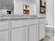 Bathroom with granite countertop and white cabinets at 3621 Olive Grove Ln, Covington, GA 30016