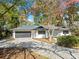Ranch home with white siding, black garage door, and landscaping at 513 Duke Dr, Marietta, GA 30066