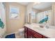 Clean bathroom with a peacock-themed shower curtain and wood vanity at 1428 Sparkling Cove Dr, Buford, GA 30518