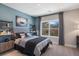 Modern bedroom with blue walls and a stylish bed at 729 Keystone Dr, Woodstock, GA 30188