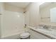 Clean bathroom with granite countertop, white cabinets, and a shower/tub combo at 3464 Linecrest Rd, Ellenwood, GA 30294