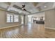 Spacious basement with built-in shelving, a fireplace, and coffered ceiling at 3757 Wasson Way, Brookhaven, GA 30319