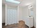 Basement bathroom with shower, vanity, and dark wood floor at 201 Nina Cir, Locust Grove, GA 30248