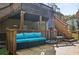 Spacious deck with wooden stairs and blue couch at 201 Nina Cir, Locust Grove, GA 30248