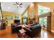 Open living area with hardwood floors, vaulted ceilings, and a cozy stone fireplace at 123 Cherry St, Roswell, GA 30075